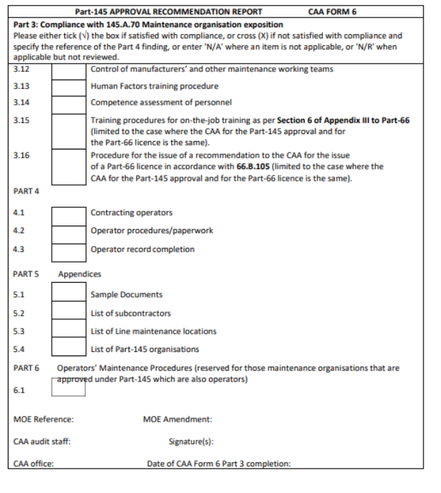 Appendix II to AMC 145.B.20(5) — CAA Form 6